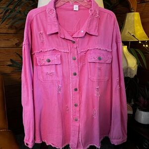 Pink Distressed Jean Jacket